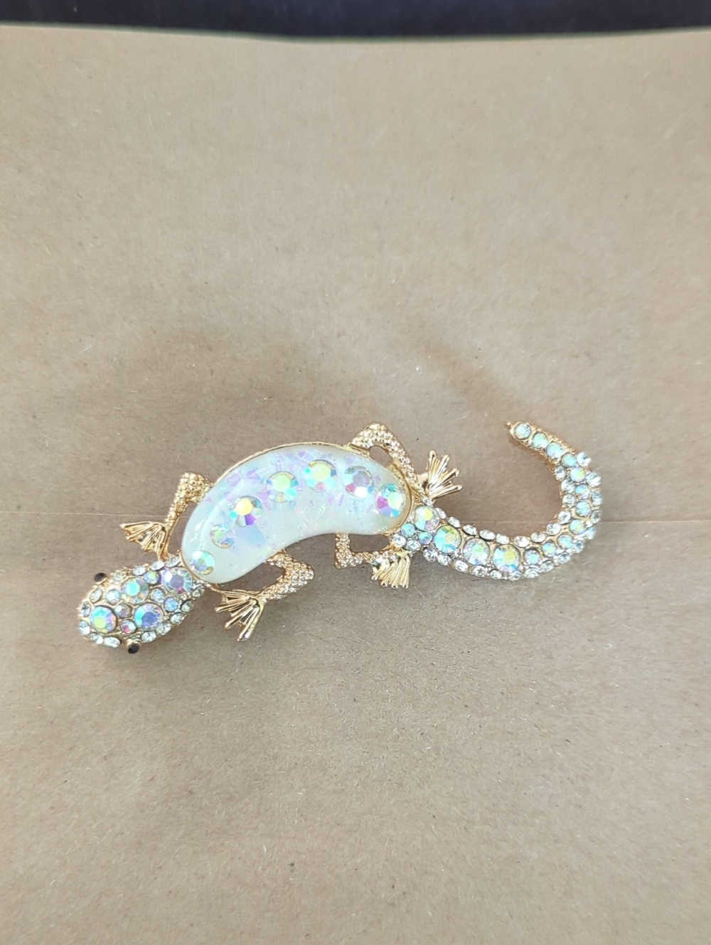 Aurora Opal Lizard Brooch - Gold Tone Crystal Accent